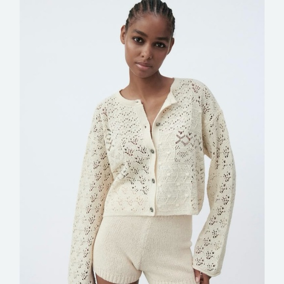 Zara Sweaters - Cream Crochet Button-Up Cardigan - Zara
